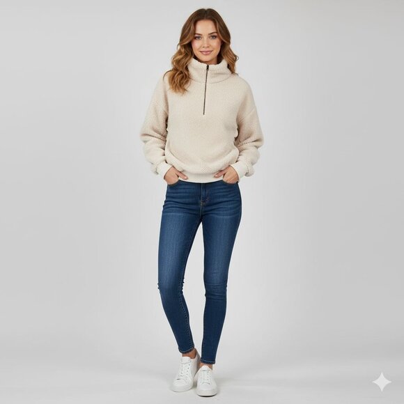 Michael Stars Womens Cream Sherpa Pullover Sweater Ribbed Hem 1/4 Zip Outdoor - Picture 1 of 7